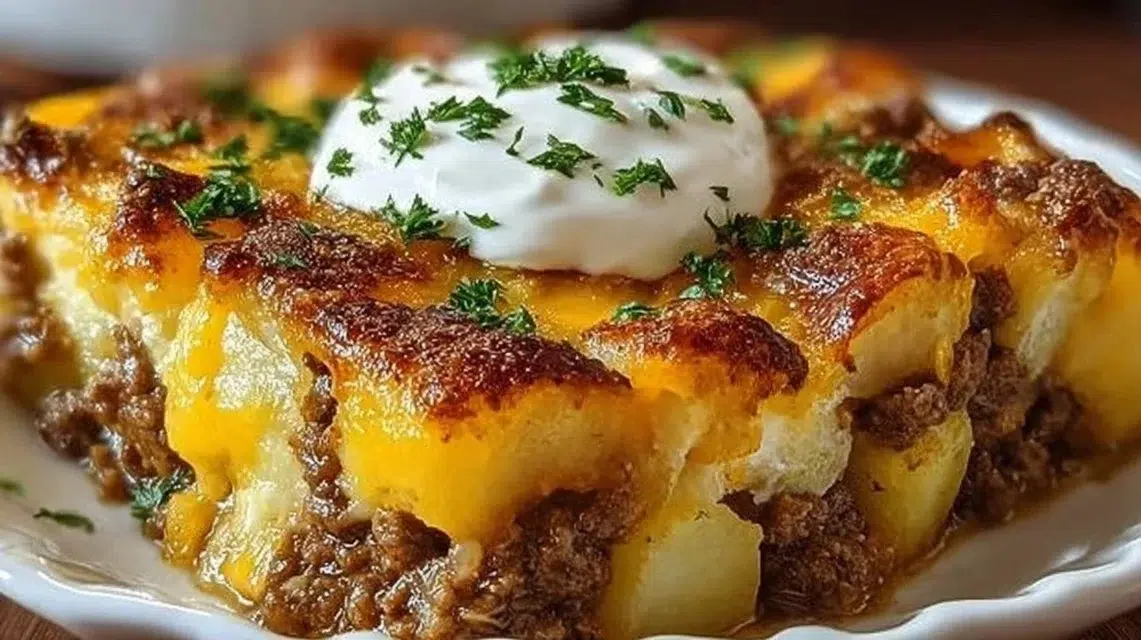 Hearty ground beef and potatoes casserole baked to perfection