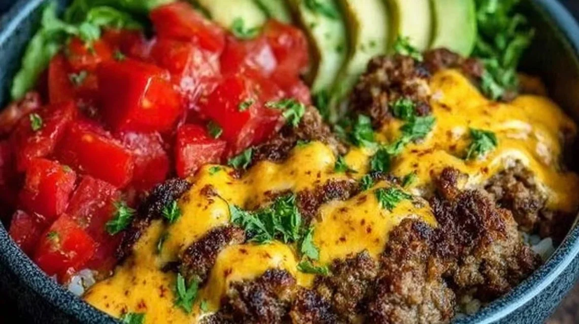 High-protein cheeseburger bowls with ground beef and burger sauce