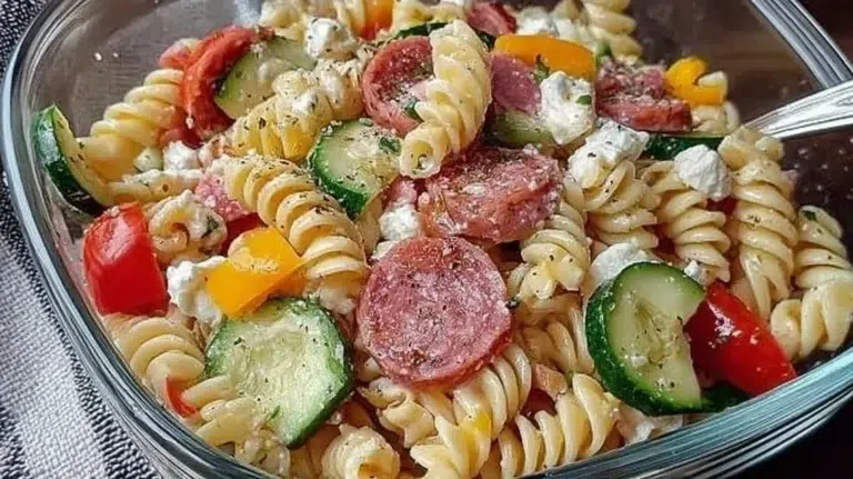 High-protein Italian pasta salad with fresh vegetables and dressing