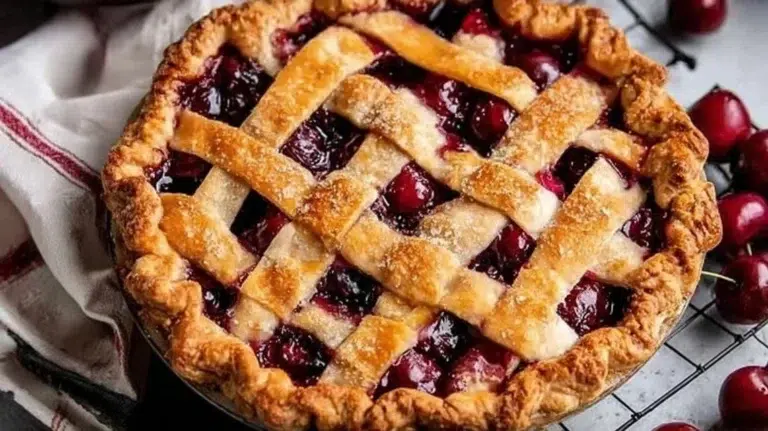 Freshly baked homemade cherry pie on a wooden table