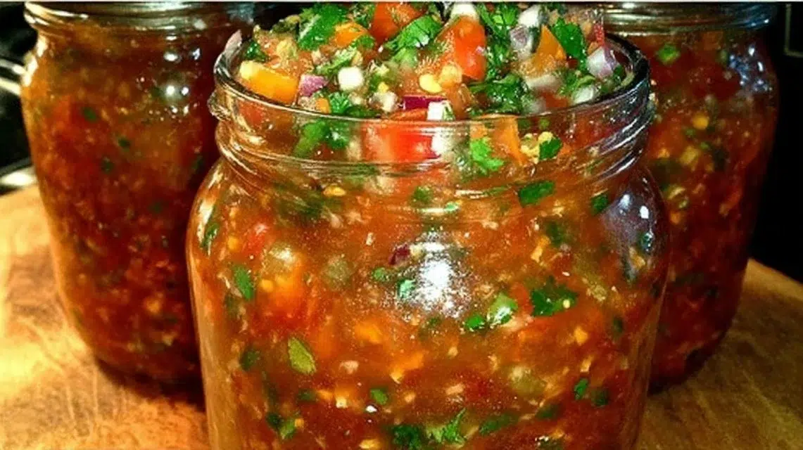 A bowl of vibrant homemade salsa with fresh tomatoes, onions, and cilantro.