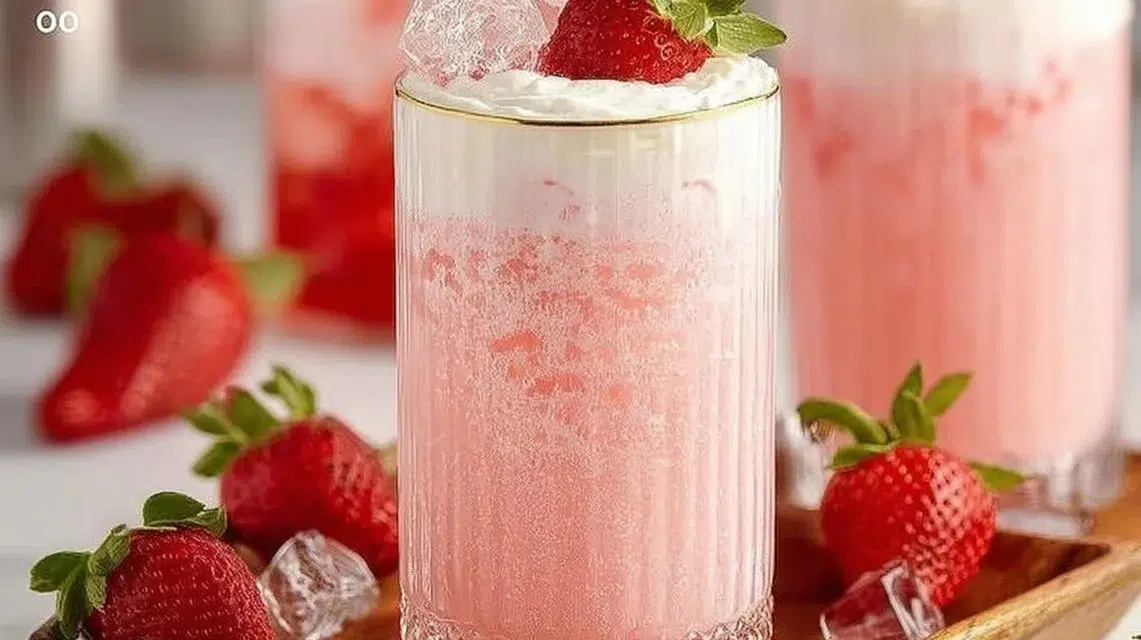 Homemade strawberry cream soda with fresh strawberries and whipped cream