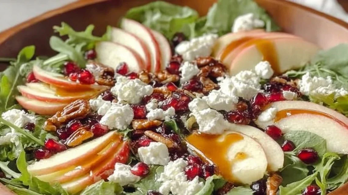 Honeycrisp Apple and Feta Salad with fresh greens and drizzled dressing