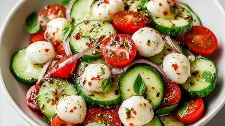 Fresh Cucumber Caprese Salad with tomatoes and mozzarella