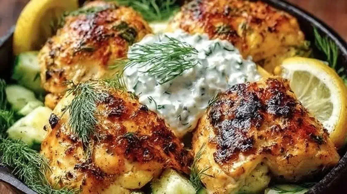 Mediterranean Lemon-Dill Chicken Bowls garnished with fresh herbs and lemon slices.