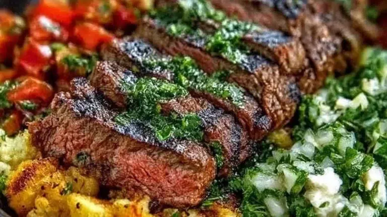 Mediterranean steak bowl topped with fresh veggies and herbs