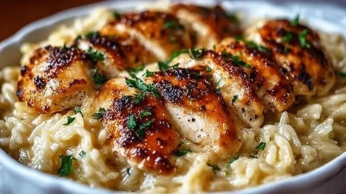 No Peek Chicken Casserole in a baking dish, topped with crispy bread crumbs.