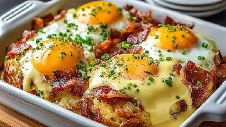 Delicious Overnight Eggs Benedict Casserole served on a plate with hollandaise sauce.