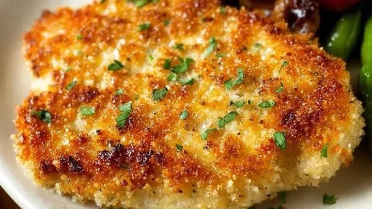 Plate of Parmesan Crusted Chicken garnished with herbs and served with vegetables