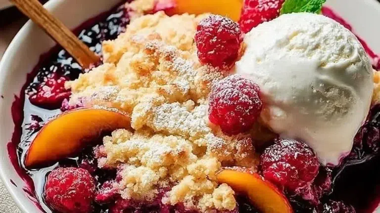 Delicious Peach Cobbler with Raspberries served in a rustic dish