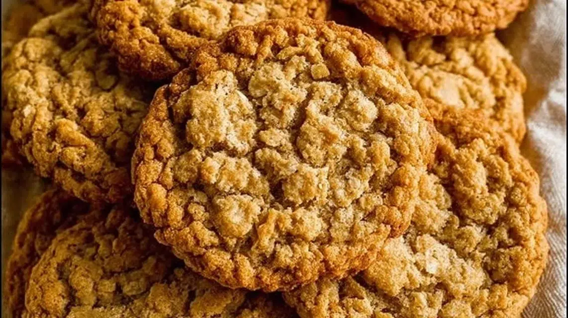 Freshly baked peanut butter oatmeal cookies on a cooling rack