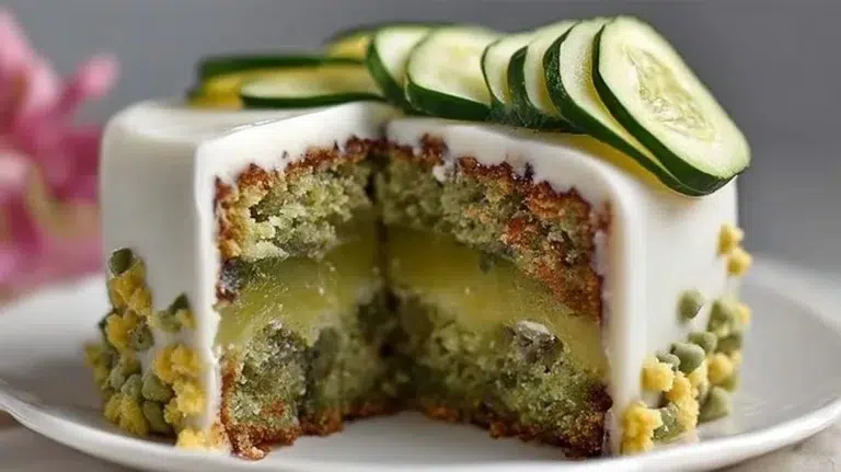 Delicious homemade pickle cake with frosting and pickles on top