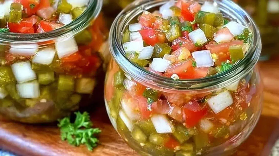 Delicious homemade pickle de gallo served in a bowl with chips.
