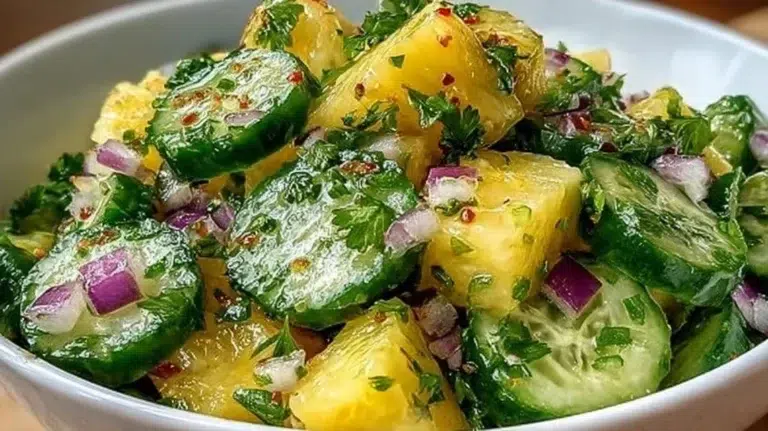 Fresh Pineapple Cucumber Salad with vibrant colors and tropical ingredients.