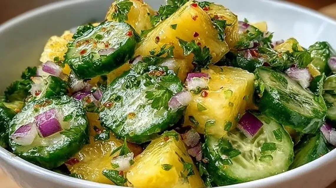 Fresh Pineapple Cucumber Salad with vibrant colors and tropical ingredients.