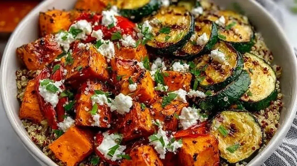 Healthy roasted vegetable quinoa bowl topped with fresh ingredients