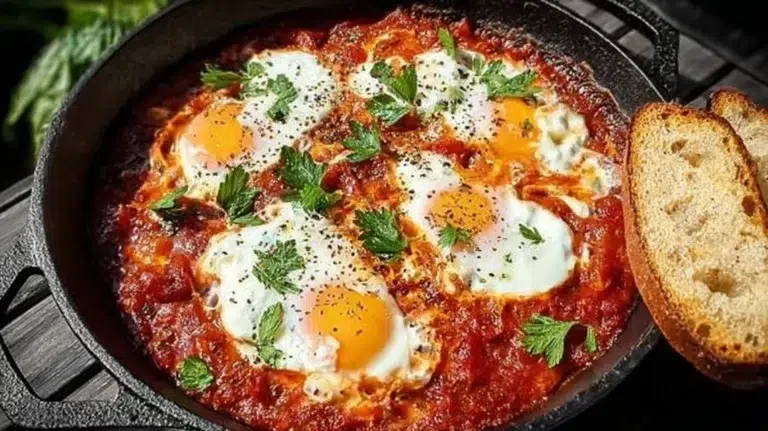 A delicious plate of Shakshuka with eggs in rich tomato sauce and spices.