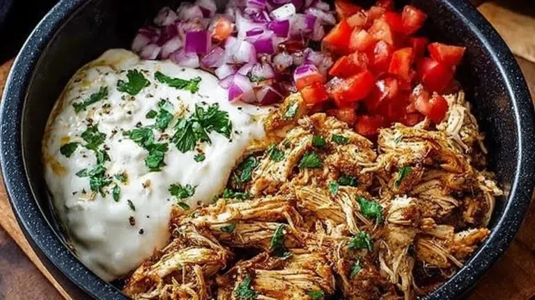 Delicious Slow Cooker Chicken Shawarma served with pita and fresh veggies
