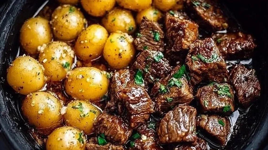 Slow cooker garlic butter beef bites with potatoes served in a bowl