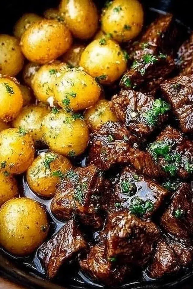 Slow Cooker Garlic Butter Beef Bites with Potatoes