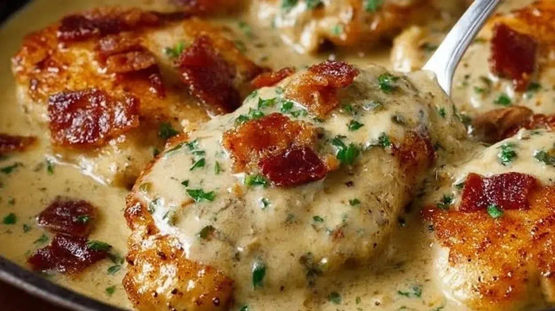 Plate of smothered chicken with rich gravy and side dishes