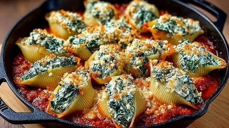 Delicious spinach and ricotta stuffed shells plated with marinara sauce