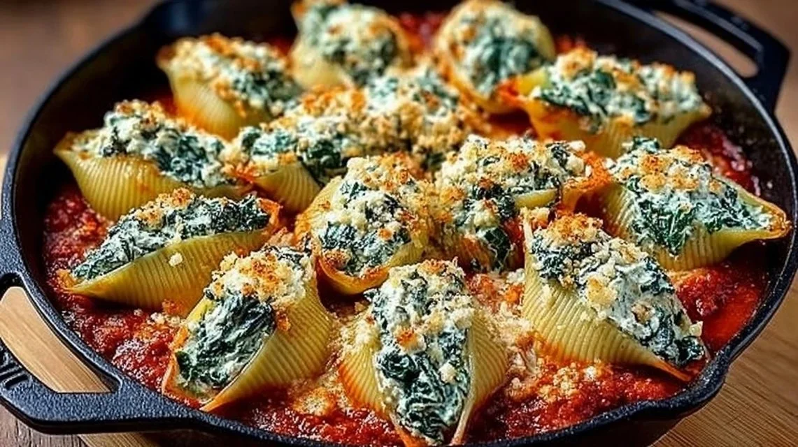 Delicious spinach and ricotta stuffed shells plated with marinara sauce