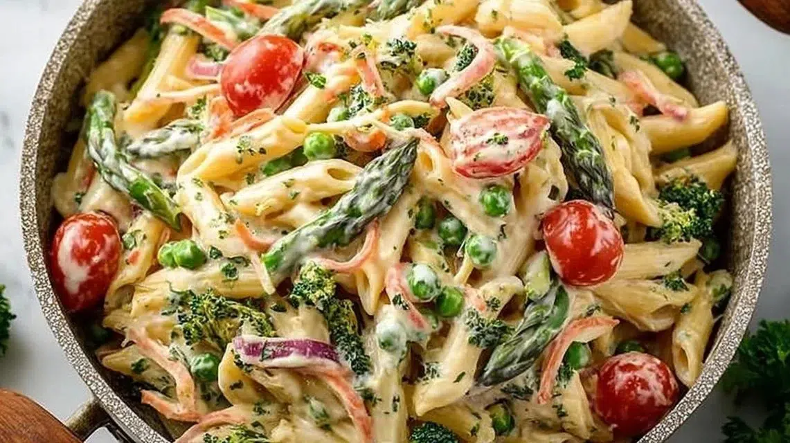 Plate of vibrant spring pasta with fresh vegetables and herbs