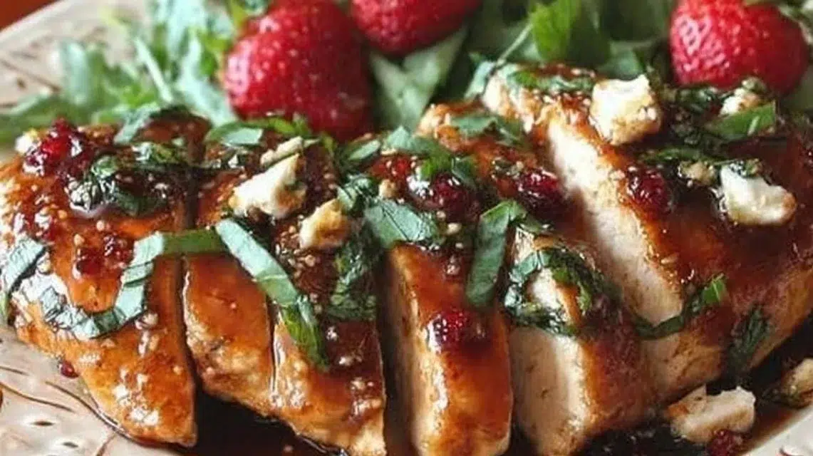 Strawberry Chicken dish garnished with fresh strawberries and greens.