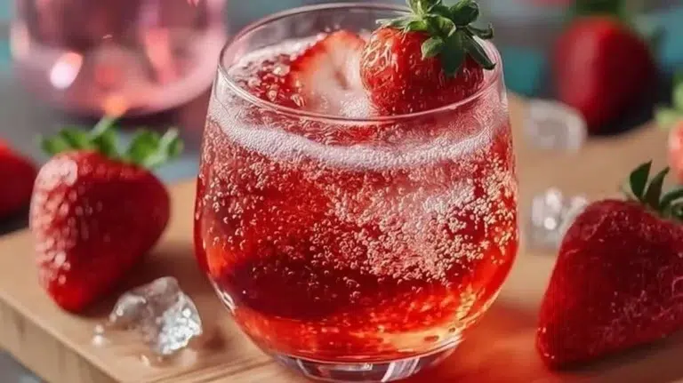 Delicious Strawberry Dirty Sprite served in a glass with fresh strawberries.