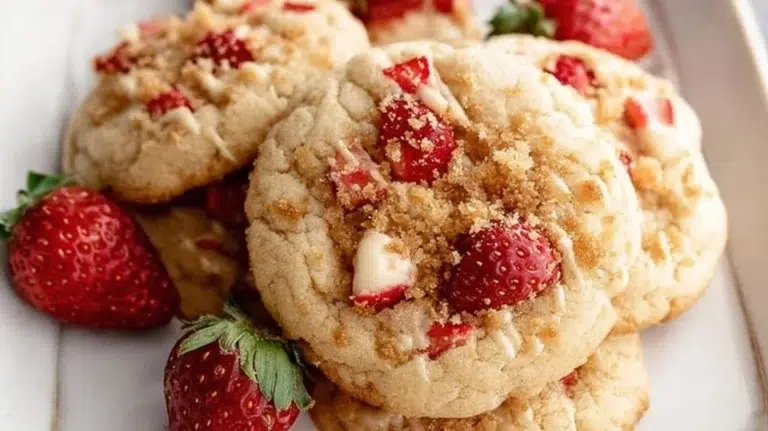 Freshly baked Strawberry Shortcake Cookies with strawberries and cream.