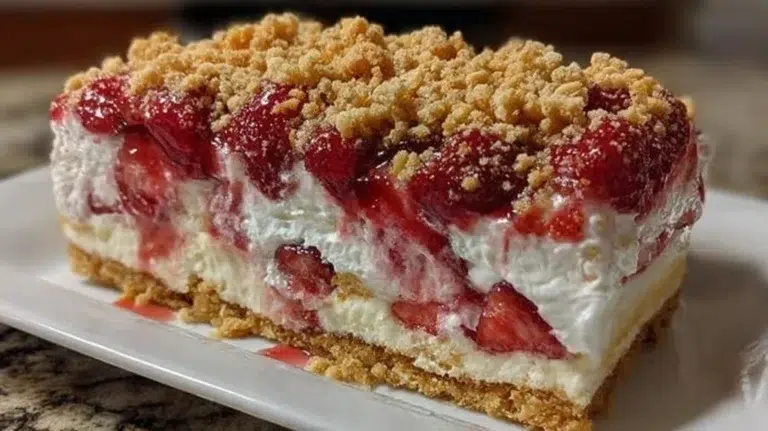 Strawberry shortcake cheesecake topped with crunchy layer and fresh strawberries