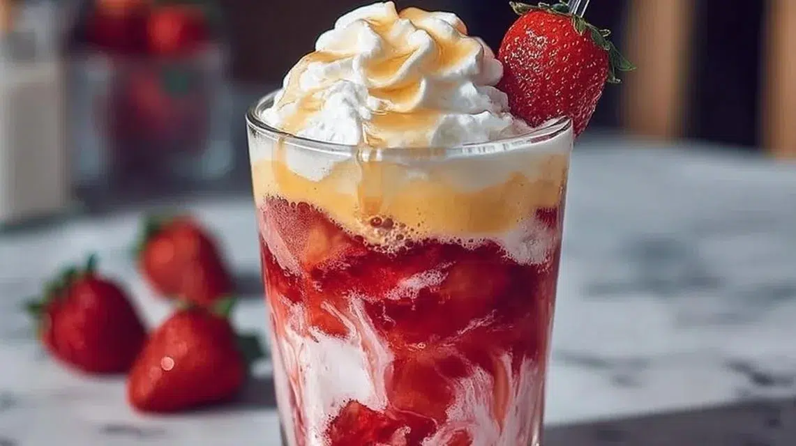 Delicious Strawberry Shortcake Dirty Soda served in a glass with fresh strawberries