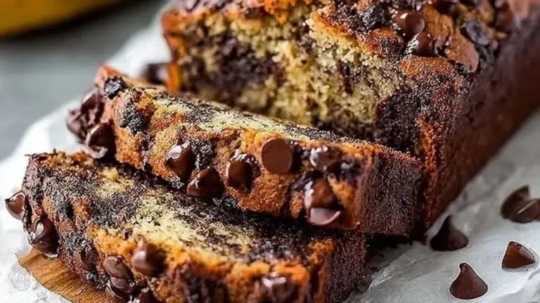 Super moist chocolate chip banana bread fresh out of the oven