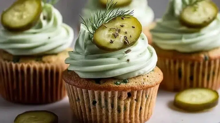 Tangy Dill Pickle Cupcakes topped with cream cheese frosting and dill garnish
