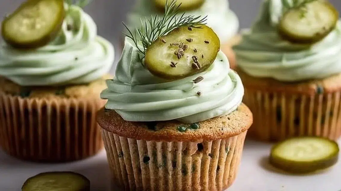 Tangy Dill Pickle Cupcakes topped with cream cheese frosting and dill garnish