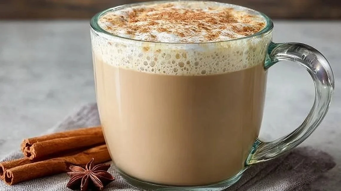A creamy tea latte with frothy milk and vibrant tea leaves