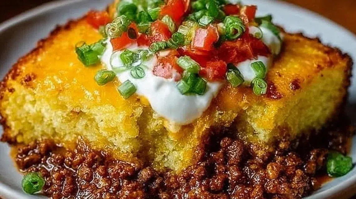 Delicious Texas Tamale Pie served in a dish, showcasing its colorful layers and toppings.