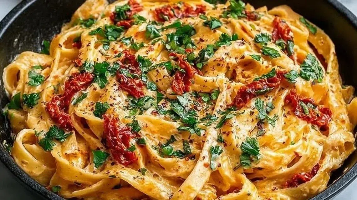 Bowl of Vegan Creamy Sun Dried Tomato Pasta garnished with fresh basil