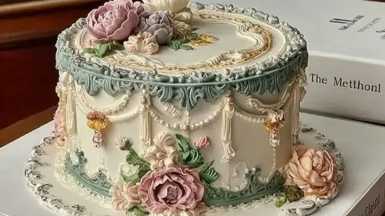A beautifully crafted vintage cake adorned with delicate floral decorations.