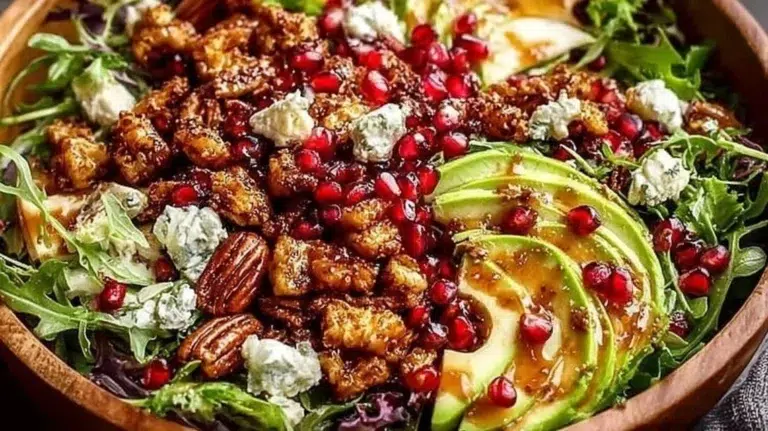 Winter Christmas Salad with Honey Mustard Dressing on a festive table.