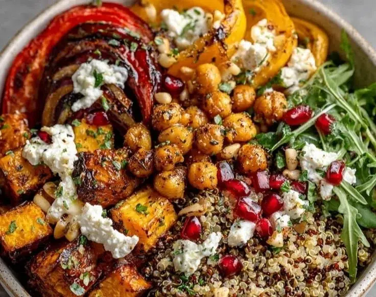 Winter Mediterranean Quinoa Bowl with colorful vegetables and quinoa