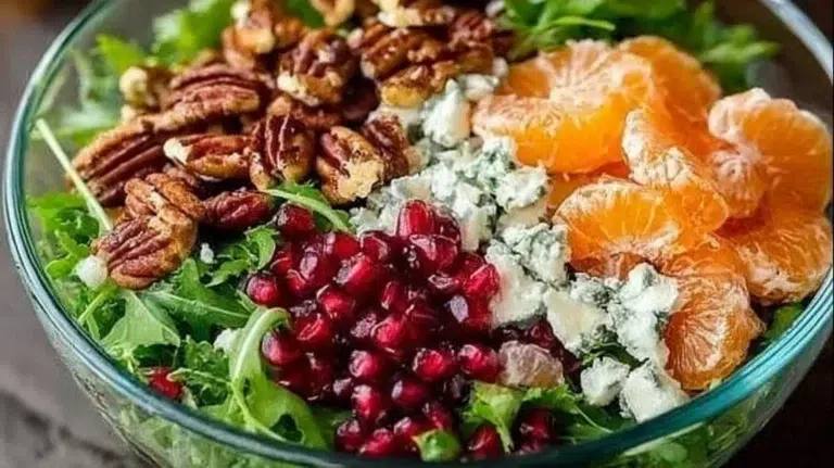 Colorful winter salad with seasonal greens, nuts, and fruits
