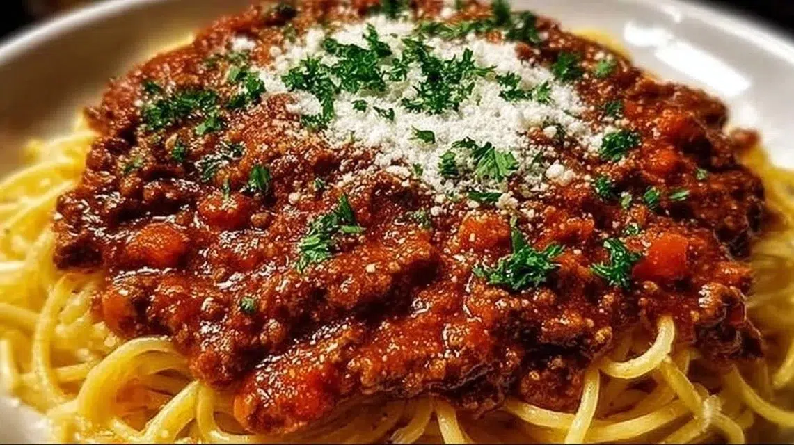 Bowl of traditional Italian spaghetti sauce with fresh herbs and ingredients