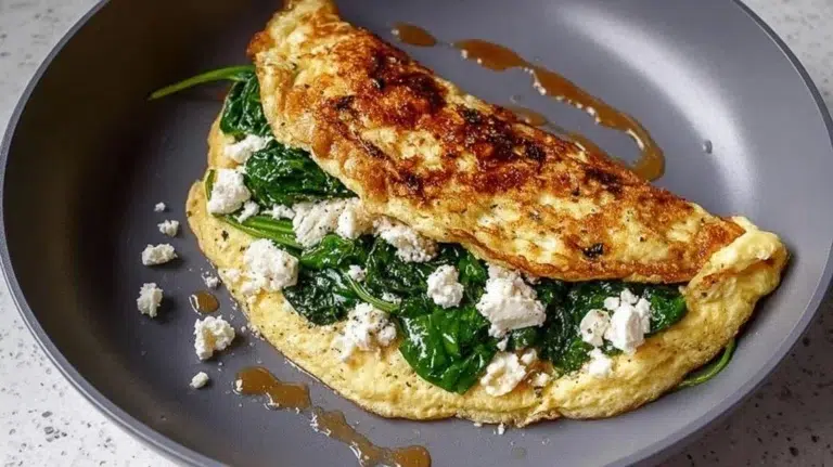 Delicious 15-minute spinach feta omelet served on a plate