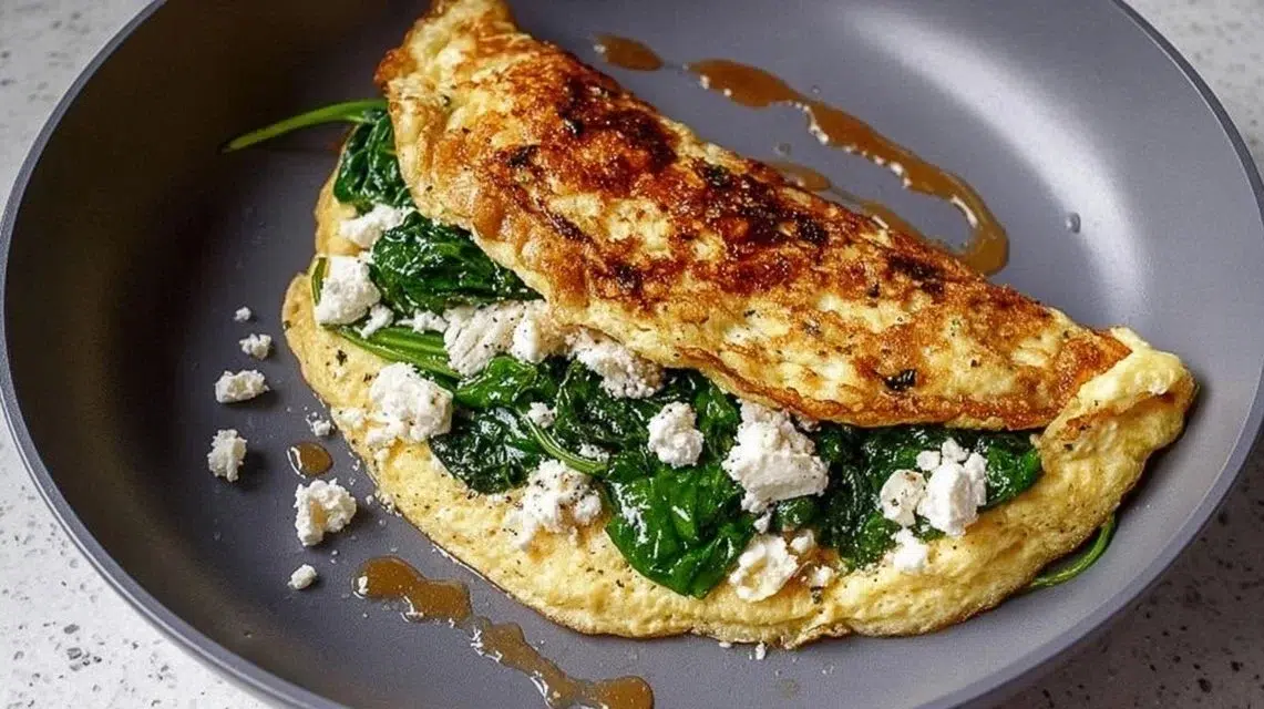 Delicious 15-minute spinach feta omelet served on a plate