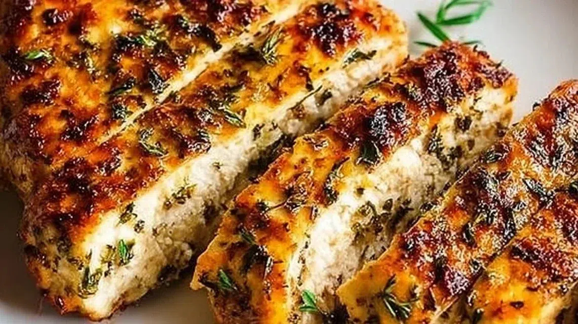 Juicy air fryer chicken breasts served with vegetables on a plate