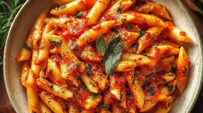 Bowl of Angry Pasta with spicy sauce and fresh ingredients