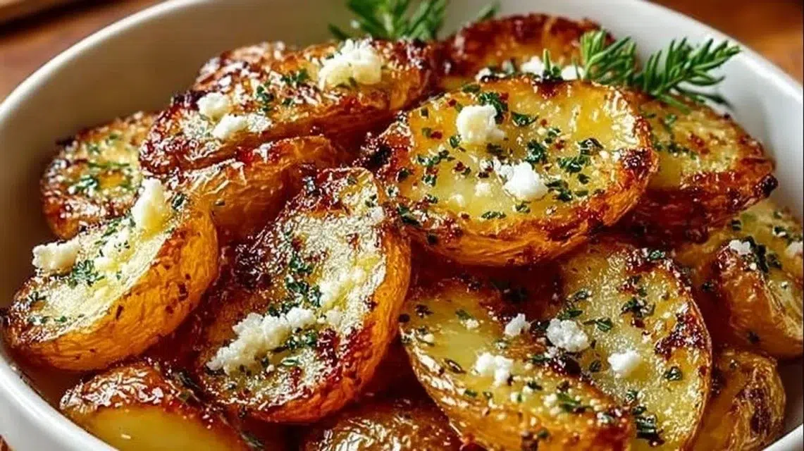 Plate of authentic Greek potatoes with crispy lemon seasoning