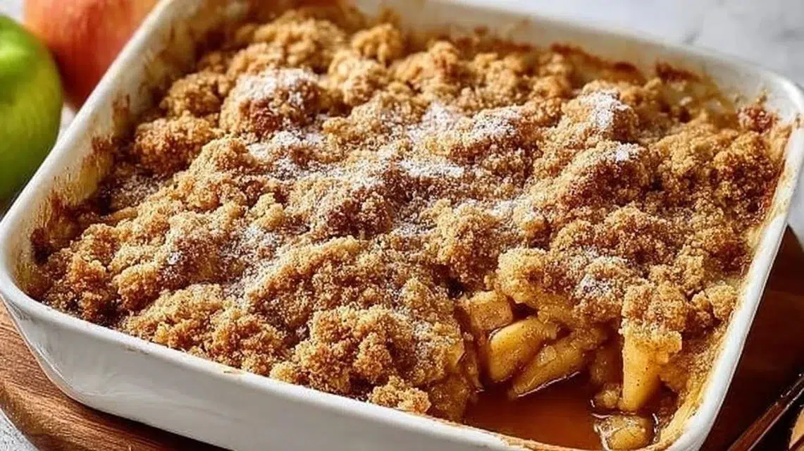 Delicious baked apple crumble with a golden crispy topping and fresh apples